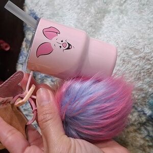 Pink Tumbler with Piglet Design and Fluffy Keychain